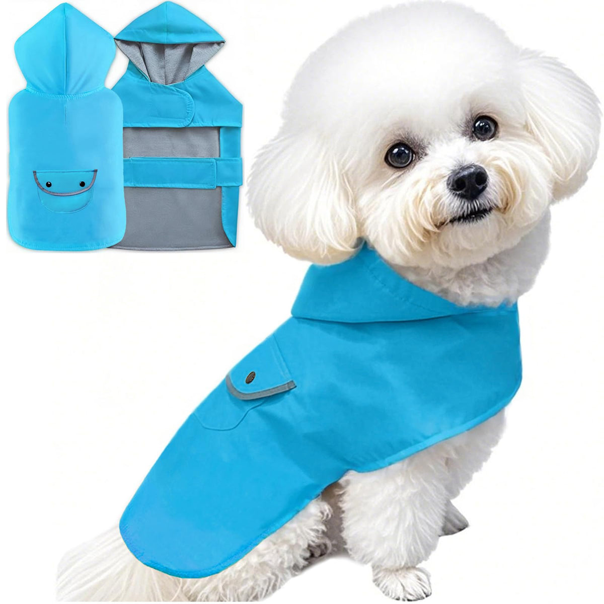 Dog Raincoat Dogs Rain Jacket Reflective Breathable Lined Poncho Rainwear Waterproof Pet Clothes Pocket Hooded Leash Hole Adjustable Small Medium Dogs (Blue / XL:Back Length 14.9")