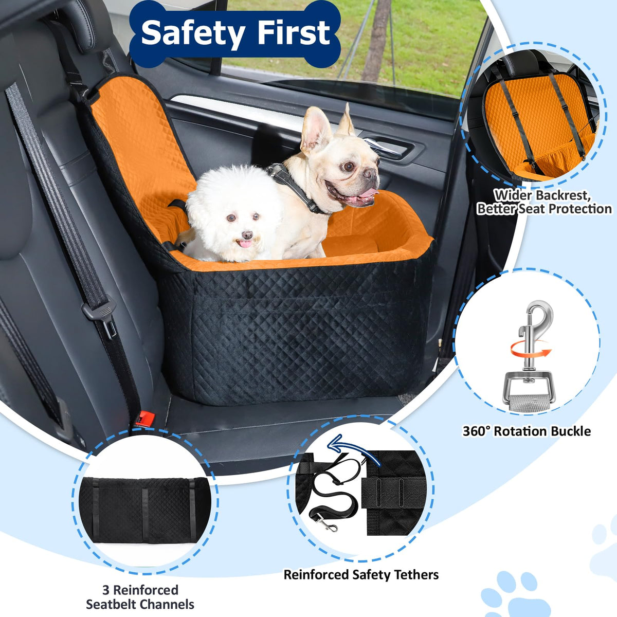 Large Dog Car Seat for Medium Sized Dogs Under 55lbs or 2 Smalls (Bright Orange / Large)