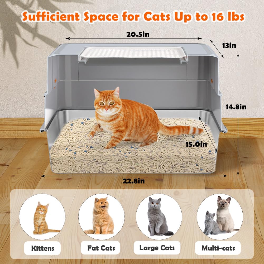 XL Enclosed Stainless Steel Cat Litter Box with Lid (Gray)