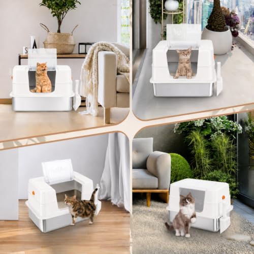 XL Enclosed Stainless Steel Cat Litter Box with Lid (White)