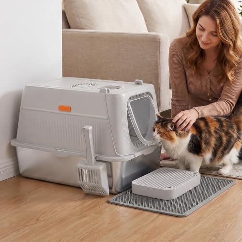 XL Stainless Steel Cat Litter Box with Lid (Light Gray / 24" L × 16" W × 16" H)