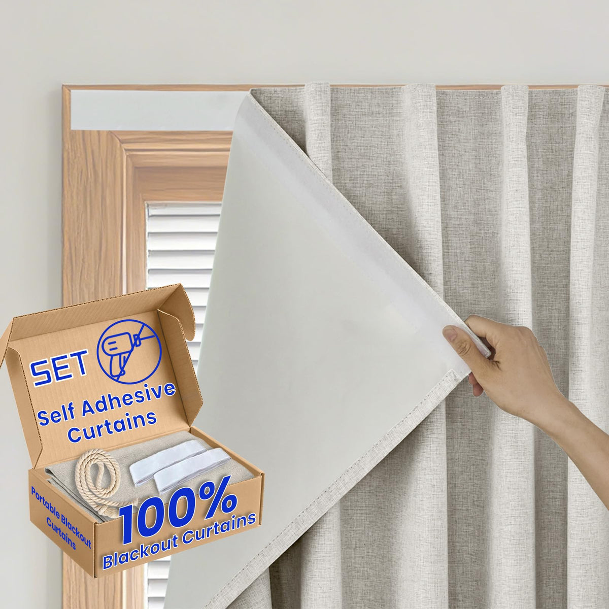 100% Blackout Magic Tape Stick On Curtains Window Shades Pull Down Blackout Window Cover No Drillng Self Adhesive Curtains No Rod Small Windows (34"W x 60"L (Pack of 1) / Light Beige)