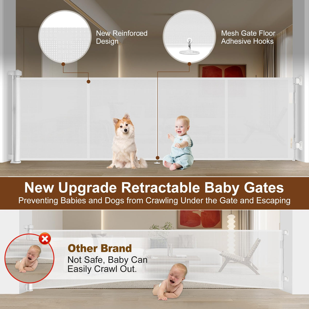 200 inch Reinforced Retractable Baby Gates 42 inch Tall (White / 42" Tall x 200" Wide)