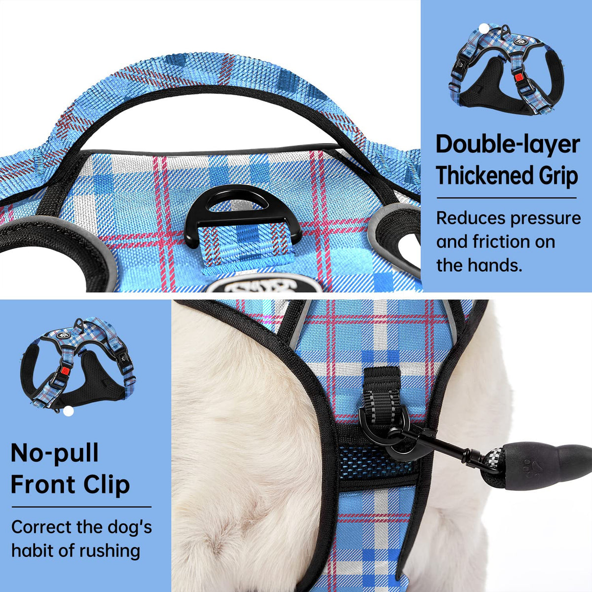 No Pull Dog Harness for Small Dogs (Checkered Blue / Small)