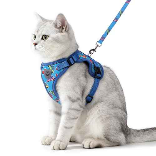 Cat Harness and Leash Set Escape Proof Reflective Cat Walking Harness Adjustable Soft Breathable Mesh Vest for Small Pets (S (NECK 9.5"-11", CHEST 13"-16") / Blue(Cars))