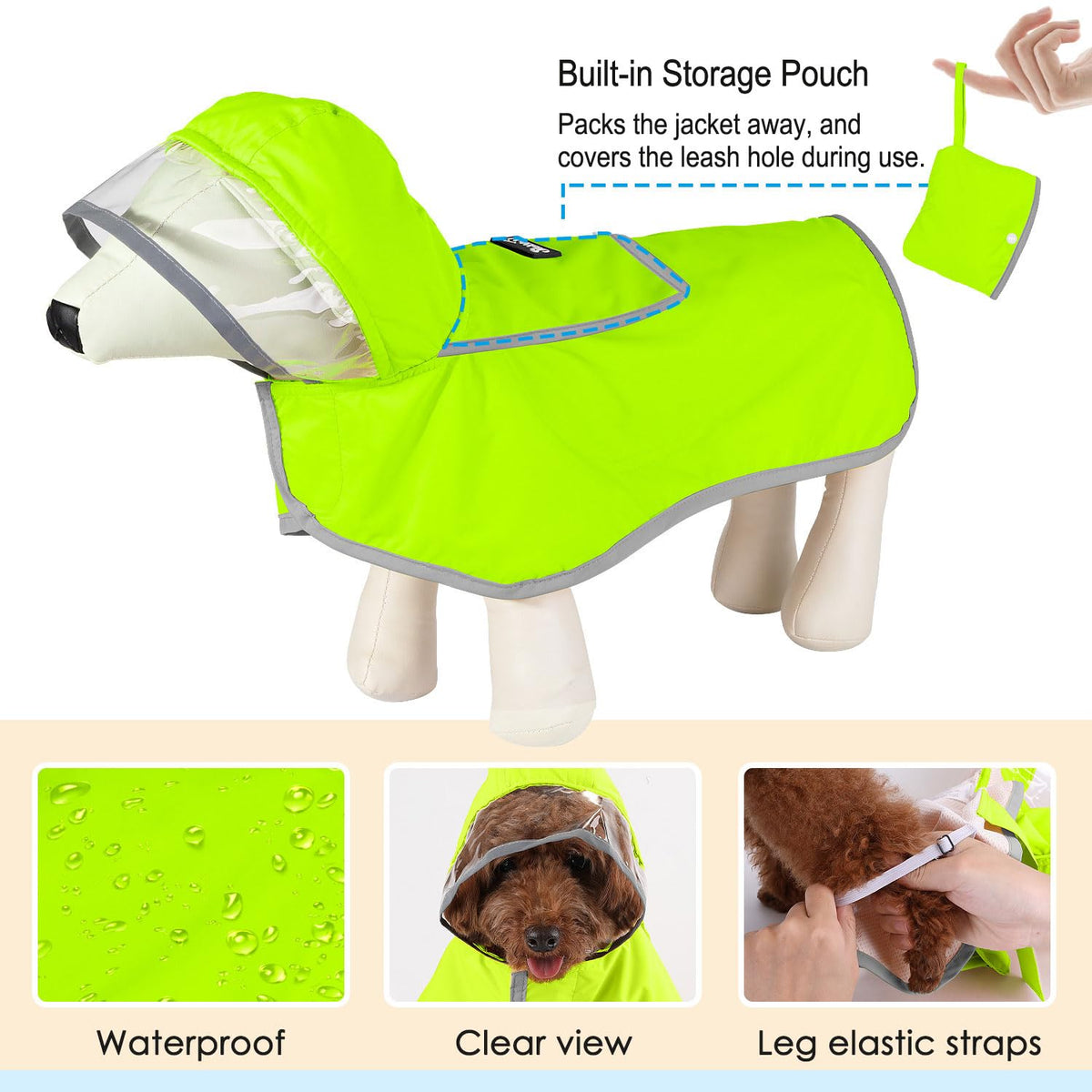 Dog Raincoat Waterproof Jacket with Clear Hood & Leash Hole (Green / 2X-Large)