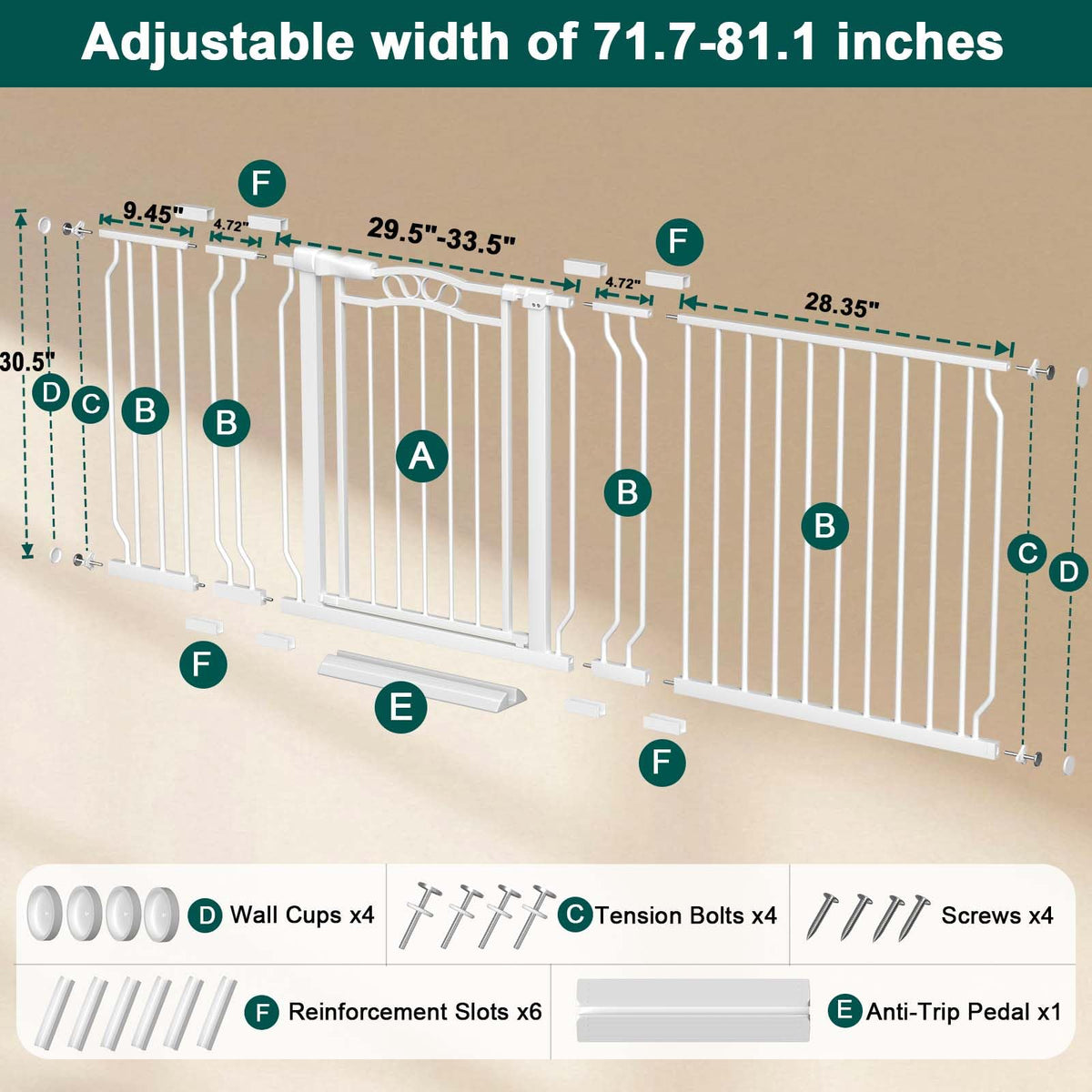 71.7" 81.1" Extra Wide Baby Gate with Door Large Pet Gate Indoor (White / 71.7"-81.1")