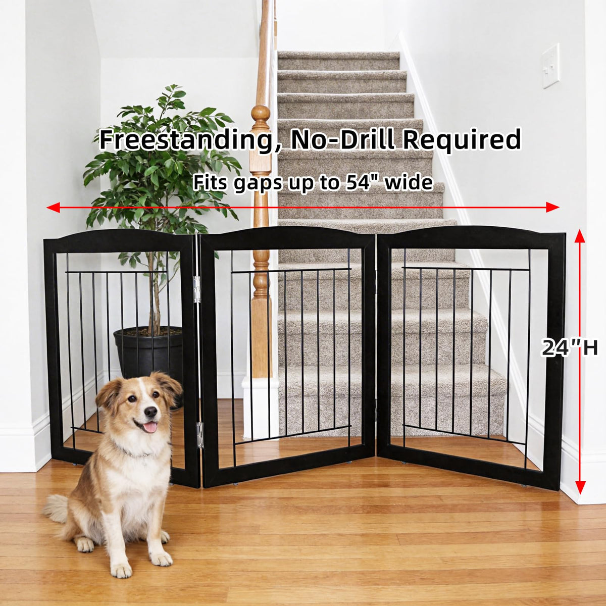 Freestanding Foldable Dog Gate for House Extra Wide Wooden Black Indoor Puppy Gate Stairs Doorways Pet Gate Tall Dog Fence 3 Panels Fence (Black / 【3 Panels】60''w x 24''h)