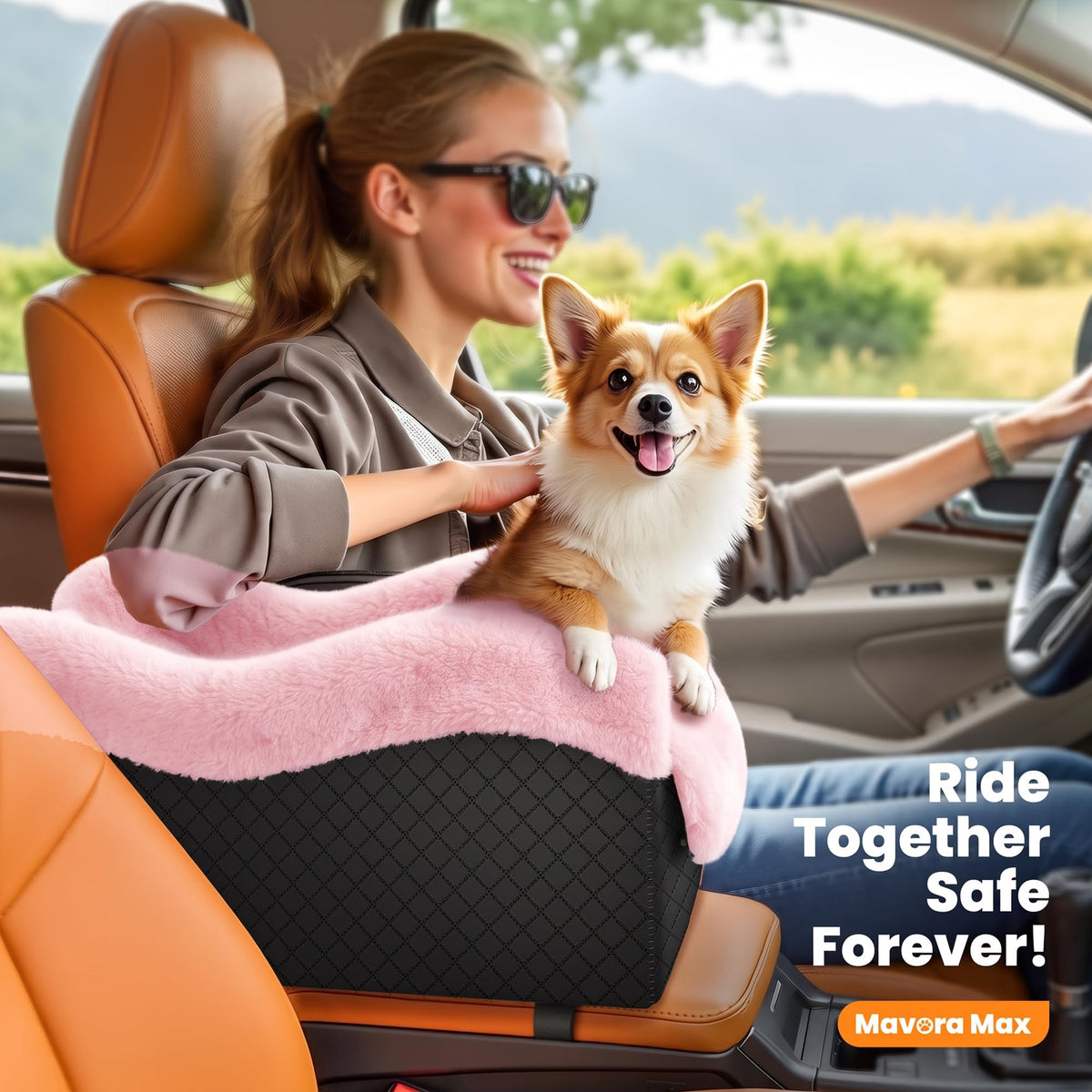 Center Console Dog Car Seat for Small Dogs Under 11lbs (Black/Pink / Small)