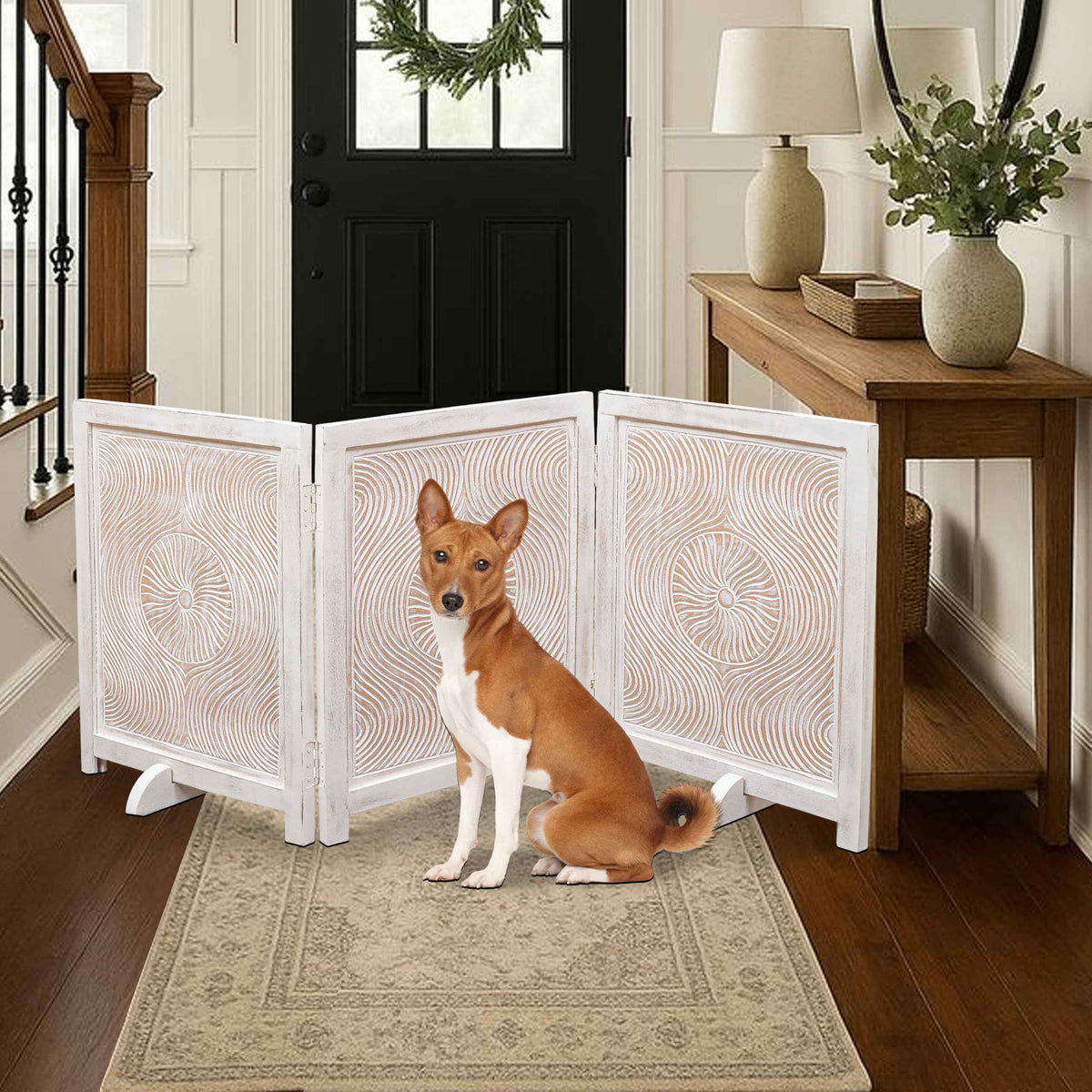 Freestanding Pet Gate for Dogs (White Antique / 54x22.5" 3 Panel Carving)