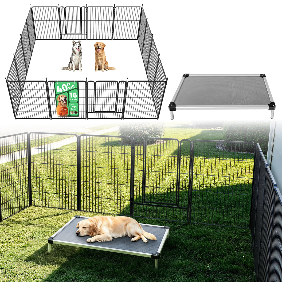 Rollick Dog Playpen with Padded Dog Bed (Black / 40"H)