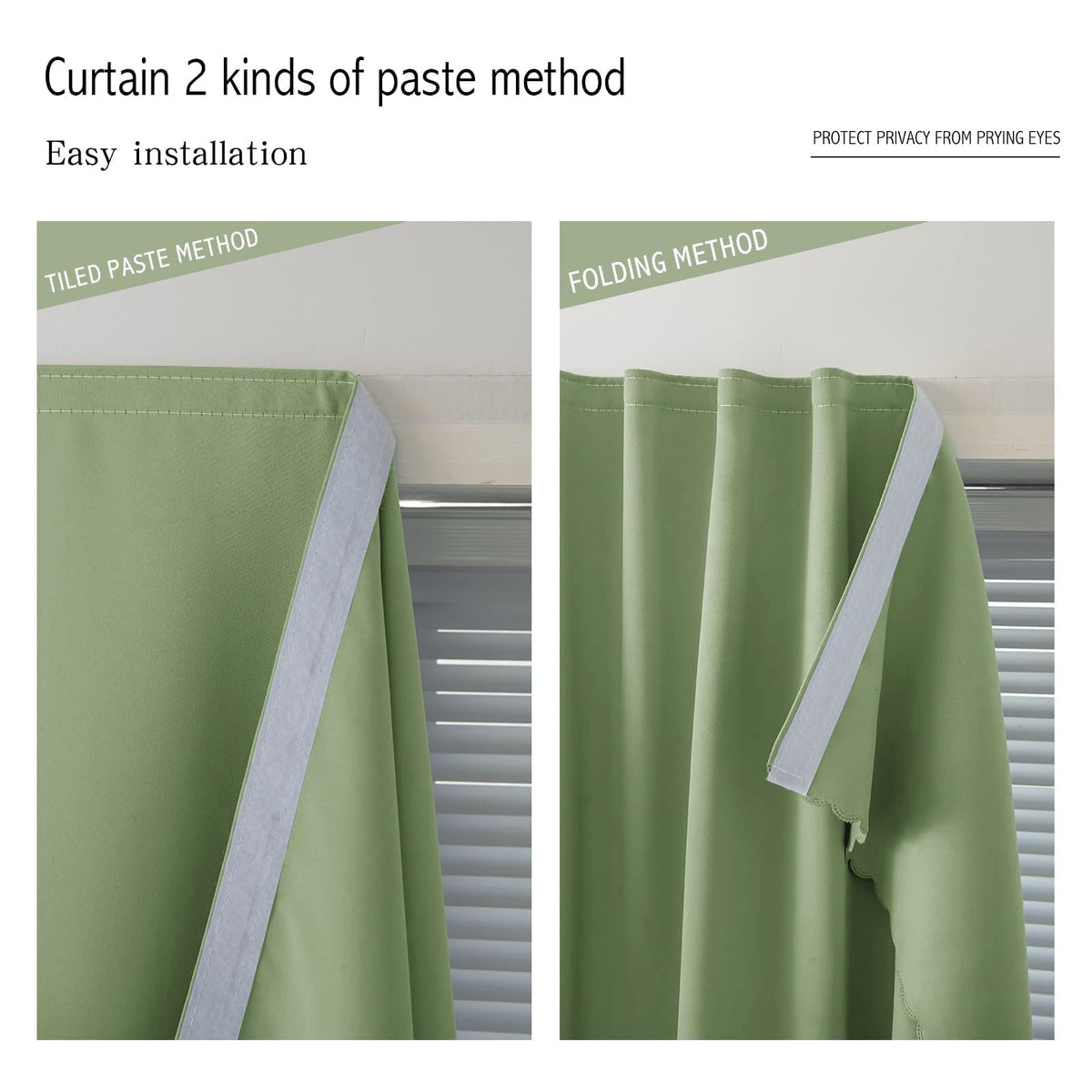 Magic Tape Blackout Curtains for Bedroom No Drillng Self Adhesive Curtains No Rod Small Window (59"W x 71"L (Pack of 1) / Sage Green)