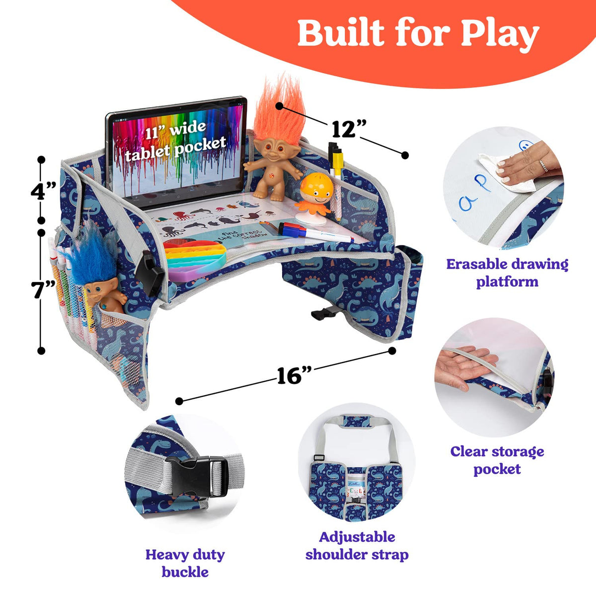 Kids Travel Tray for Car (Blue Dinosaur)