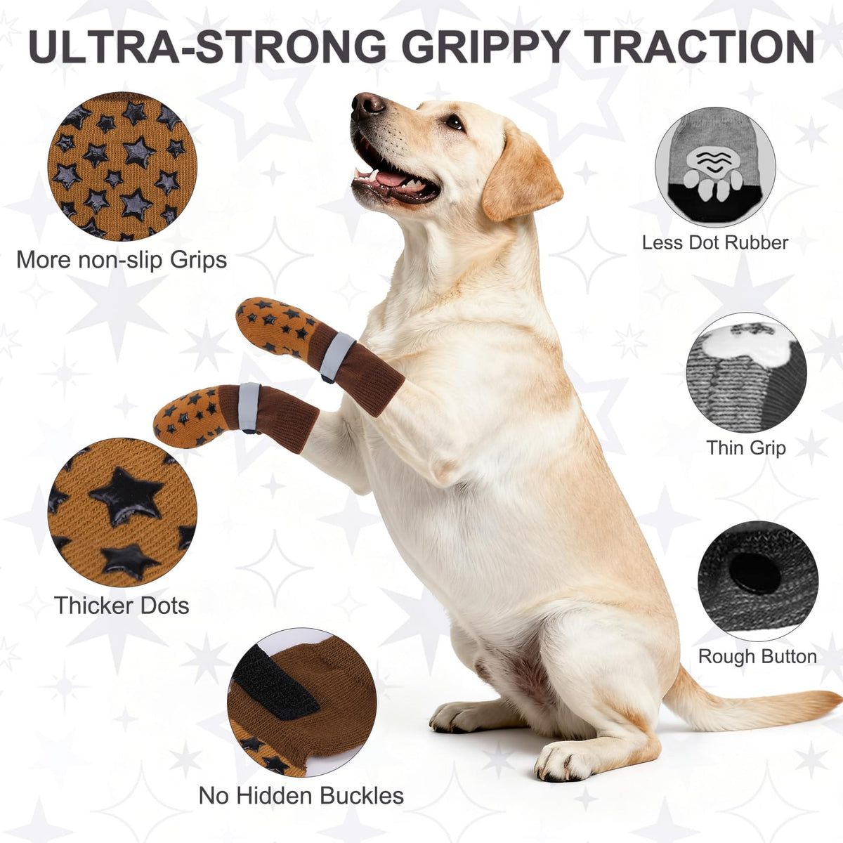 Dog Socks to Prevent Licking Paws Double Sided Grip Traction (khaki / XS(1.5"-1.7" W | Pack of 4))