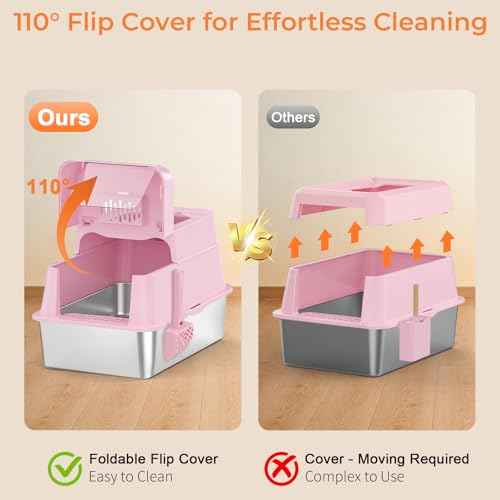 XL Stainless Steel Cat Litter Box with 110° Flip (Pink / X-Large)