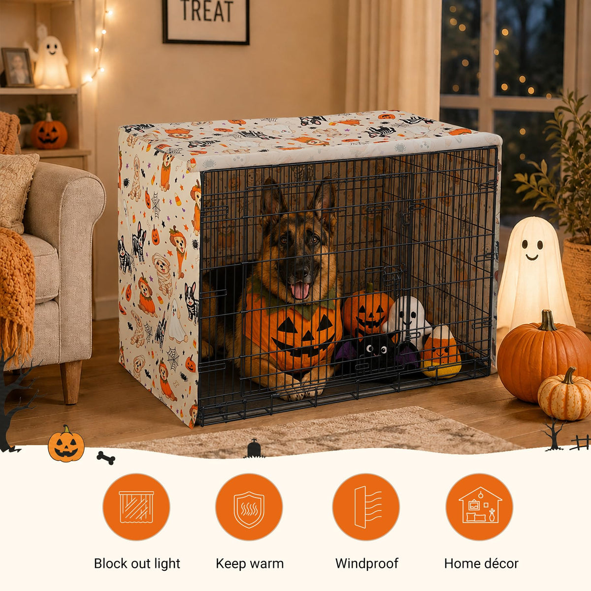 Halloween Pattern Dog Crate Cover (Orange Pup Print / 36.0"L x 23.0"W x 25.0"H)