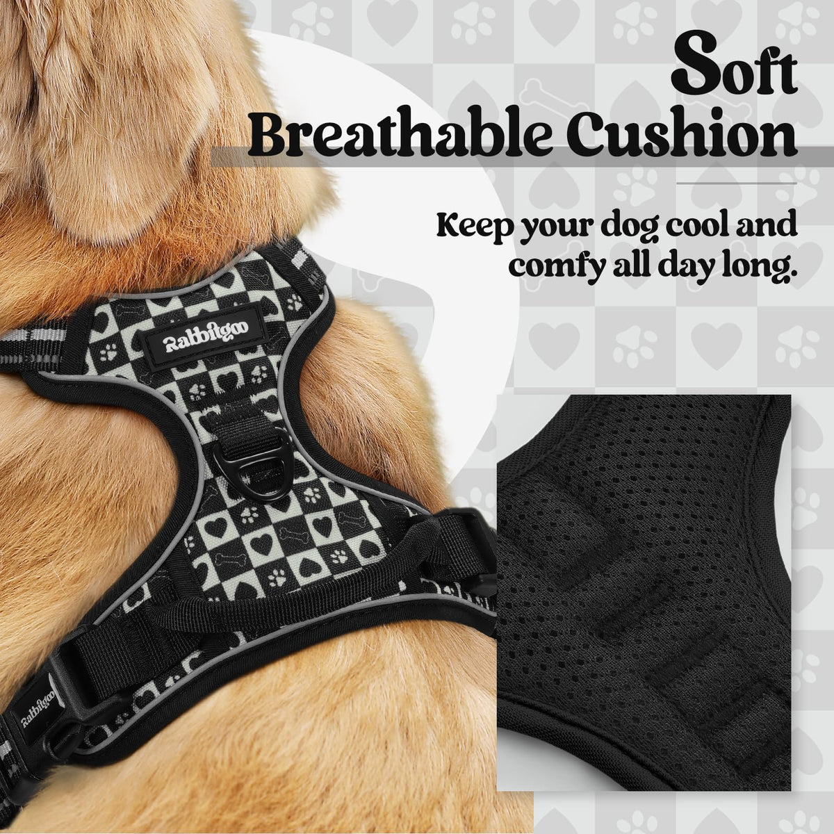 Dog Harness No Pull for Large Dogs with 2 Leash Clips (Large / Black Grid)