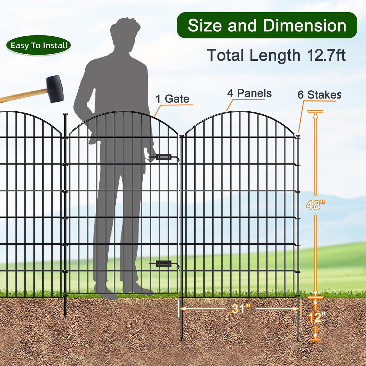 Metal Garden Fence with Gate 48 in x 12.7 ft (48"Hx12.7ft (Gate+4Panels))