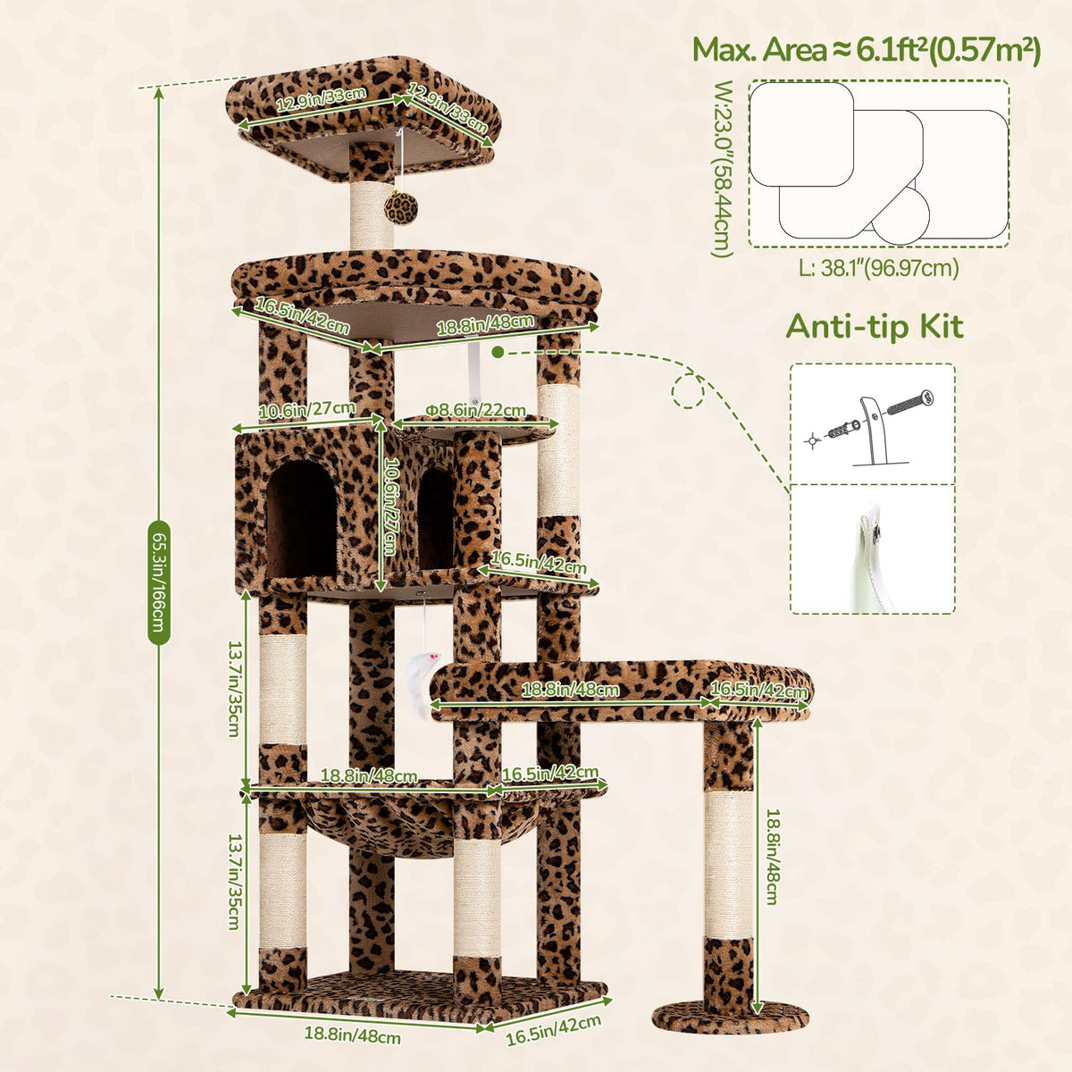 65in Leopard Cat Tree for Indoor Large Cats (65inch / Leopard Print)