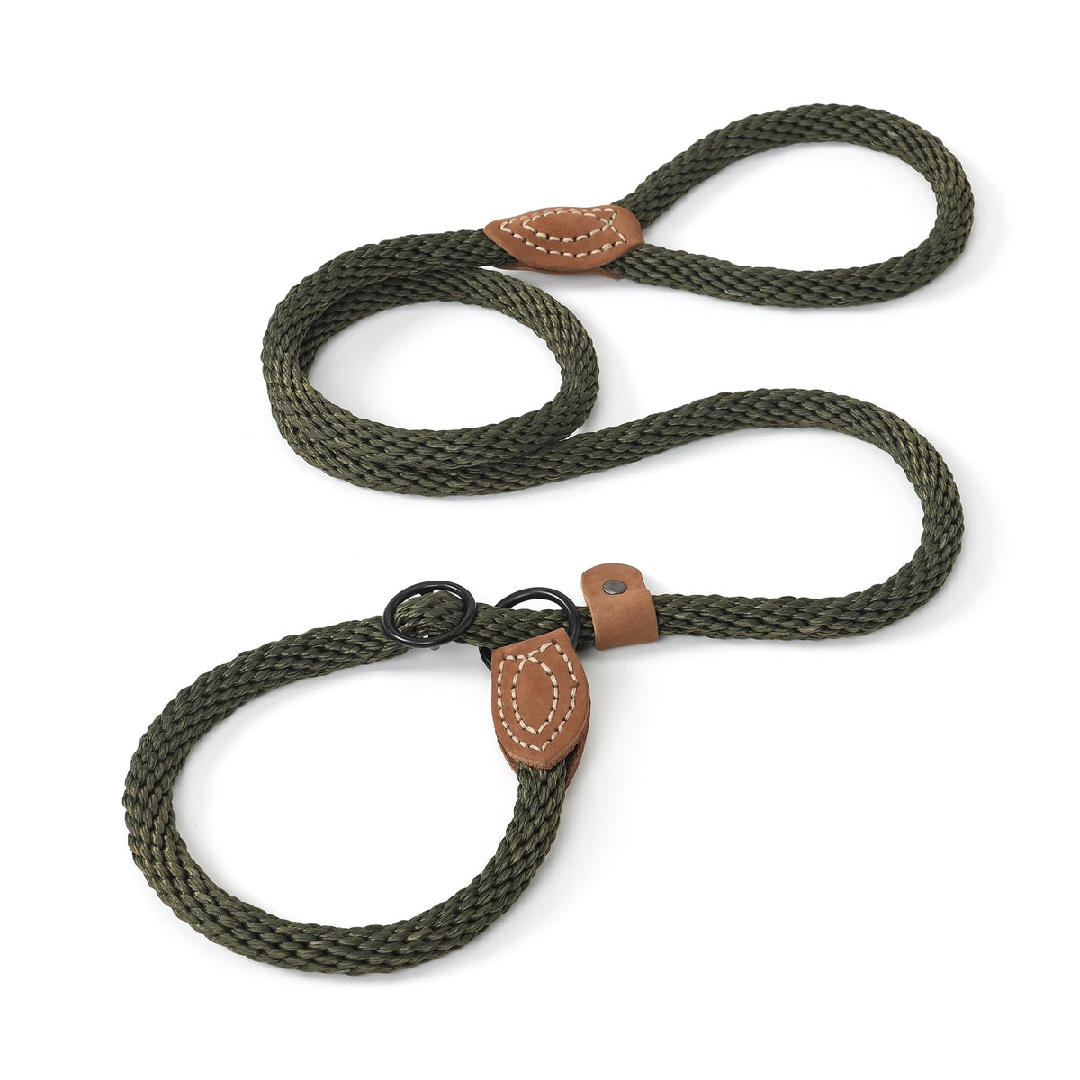 Heavy Duty Slip Lead No Pull Leash w Leather (Drak Green / 6 Feet)