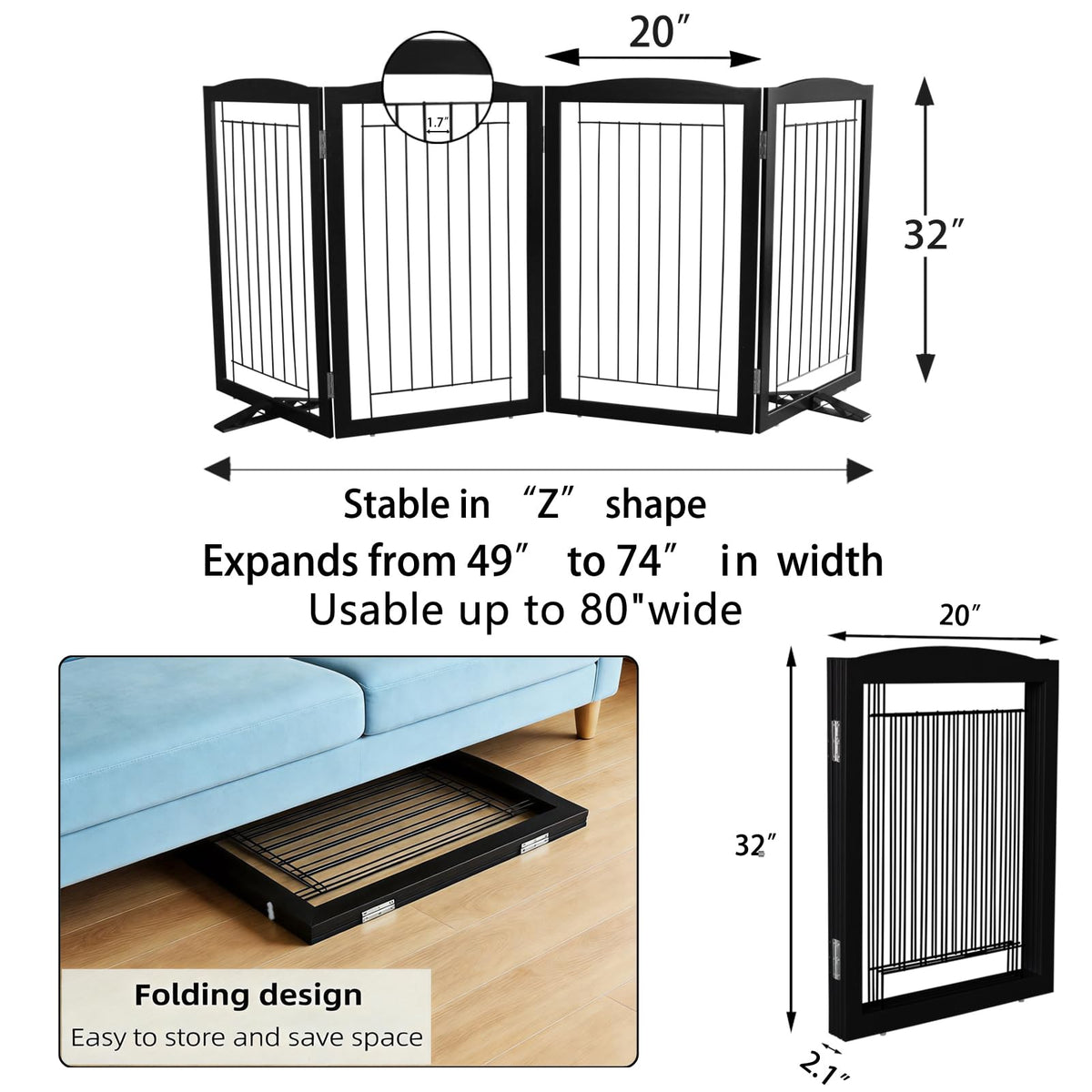Freestanding Dog Fence Indoor (Black / 【4 Panels】80''w x 32''h)