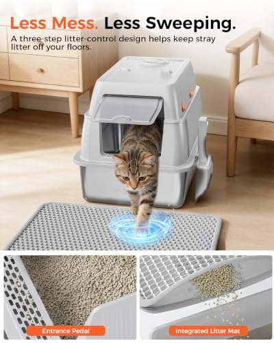 XXL Stainless Steel Cat Litter Box with Lid (Light Gray / 23" L × 16" W × 18" H)