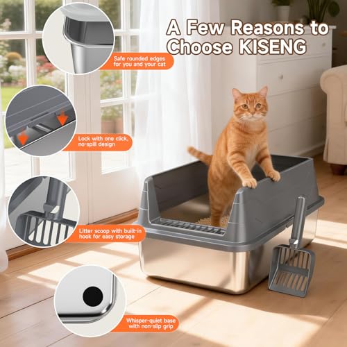Stainless Steel Cat Litter Box Low Entry Litter Pan Include Scoop (Dark Grey M)