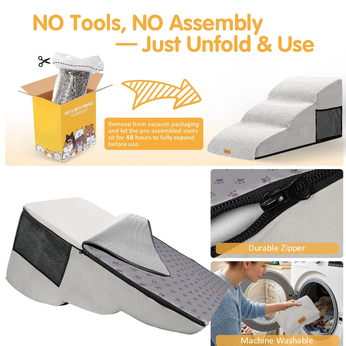 High Density Extended Foam Dog Ramp&Steps 3 Tiers (Light Grey / 33.1*15.7*15.7)