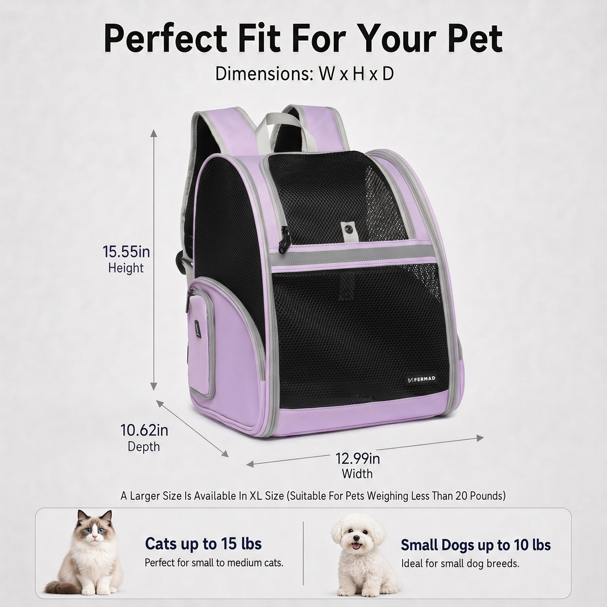 Cat Backpack Carrier for Small Dogs and Medium cat Puppy Kitten Bunny Pet Carrier Backpack Collapsible with Fully Ventilated Mesh with Safety Leash (Purple / 12.9"L x 10.6"W x 15.5"H)
