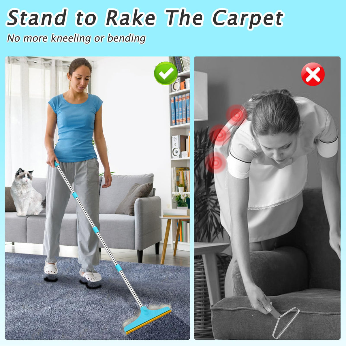 Carpet Rake for Pet Hair Removal Tool (60‘’ / Blue)