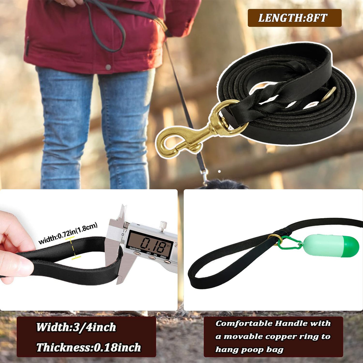 Black Leather Dog Leash 8ft (8 ft x 3/4 inch / Black)