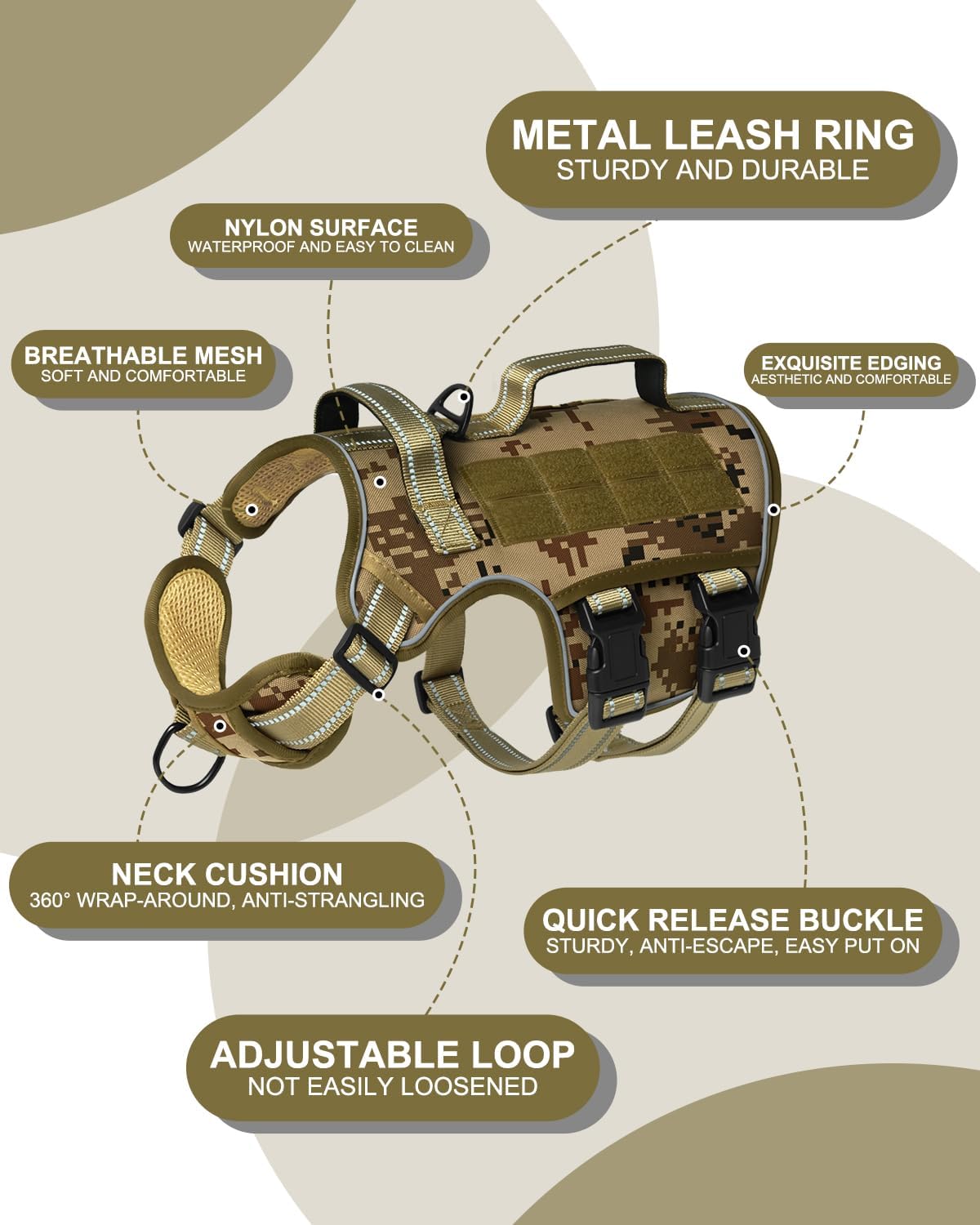 Dog Harness Medium Sized Dog (Desert Camo / M(Neck:17-23",Chest:22-32"),35-50 lbs)