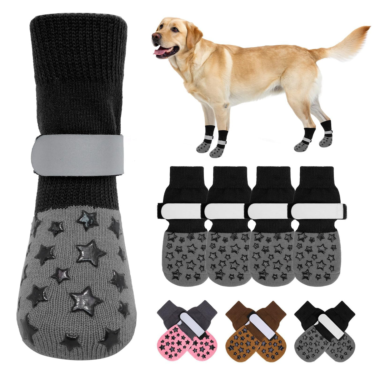 Dog Socks to Prevent Licking Paws Double Sided Grip Traction (black / M(2.1"-2.55" W | Pack of 4))
