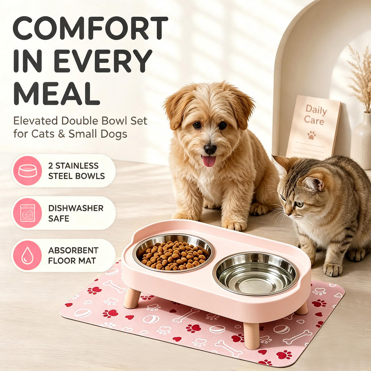 Elevated Dog Bowls with Mat (Pink)