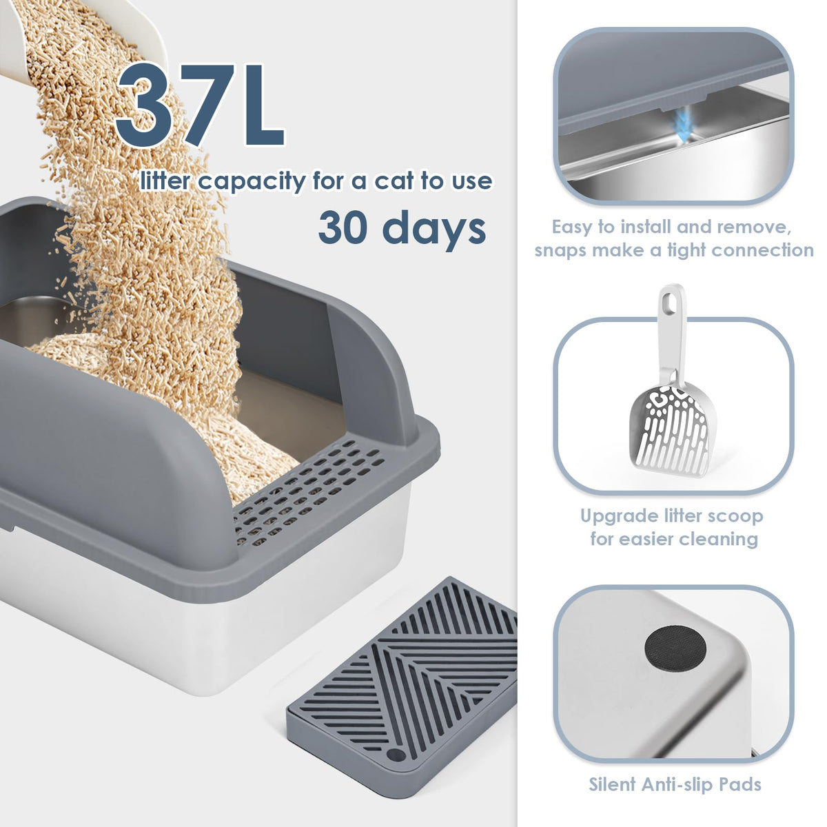 XL Enclosed Stainless Steel Cat Litter Box for Big Cats (Grey & Sliver / Large)