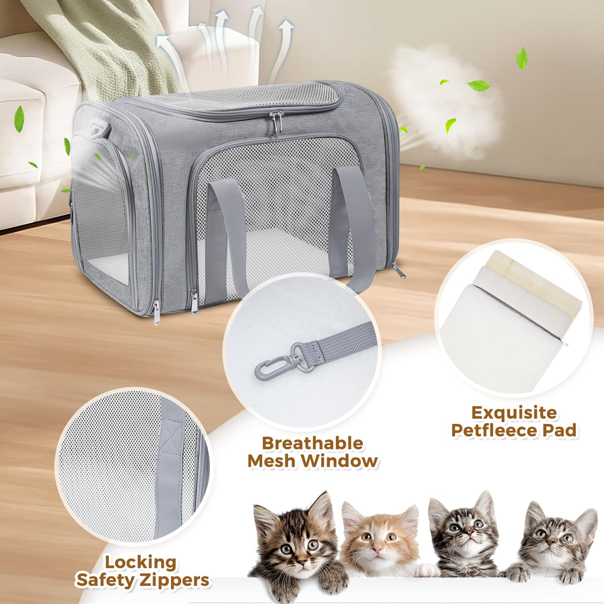 Large Cat Carrier Soft Up to 28 Lbs (20.0"L x 13.0"W x 13.0"H / Grey)