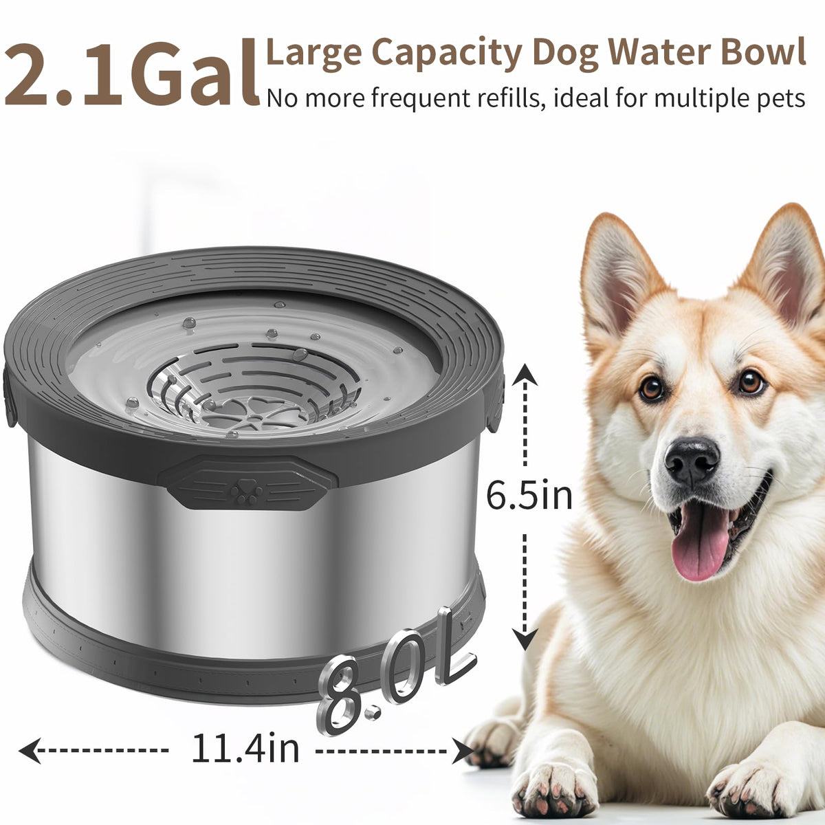 8L Dog Water Bowl No Spill 2.1 Gallon Stainless Steel Water Bowl for Dogs 270oz Large Capacity No Splash Slow Drinking Feeder with Anti