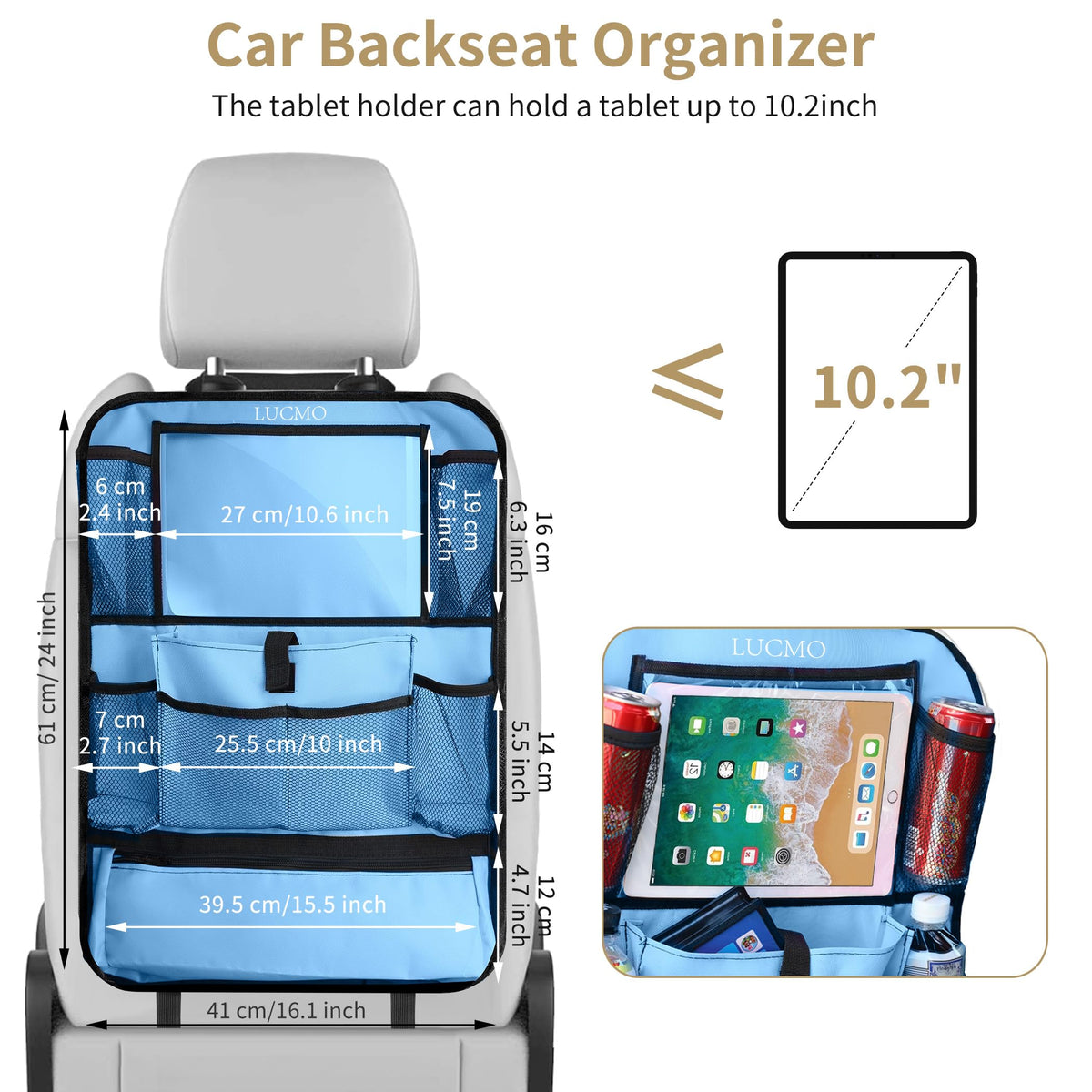 Car Backseat Organizer with Touch Screen Tablet Holder (Light Blue-1 / 2 Pack)