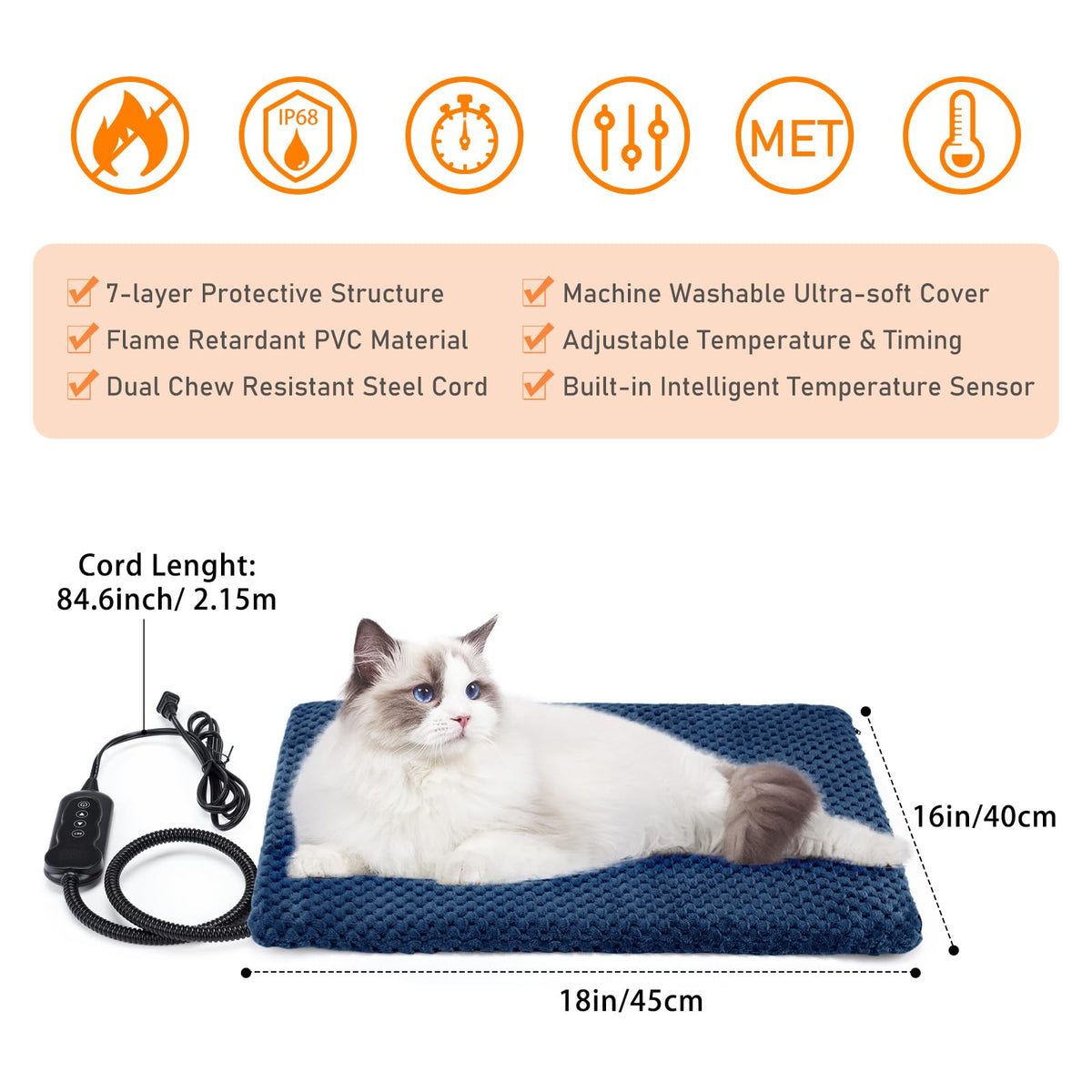 Heated Cat Bed (S: 18" x 16" / Navy Blue)