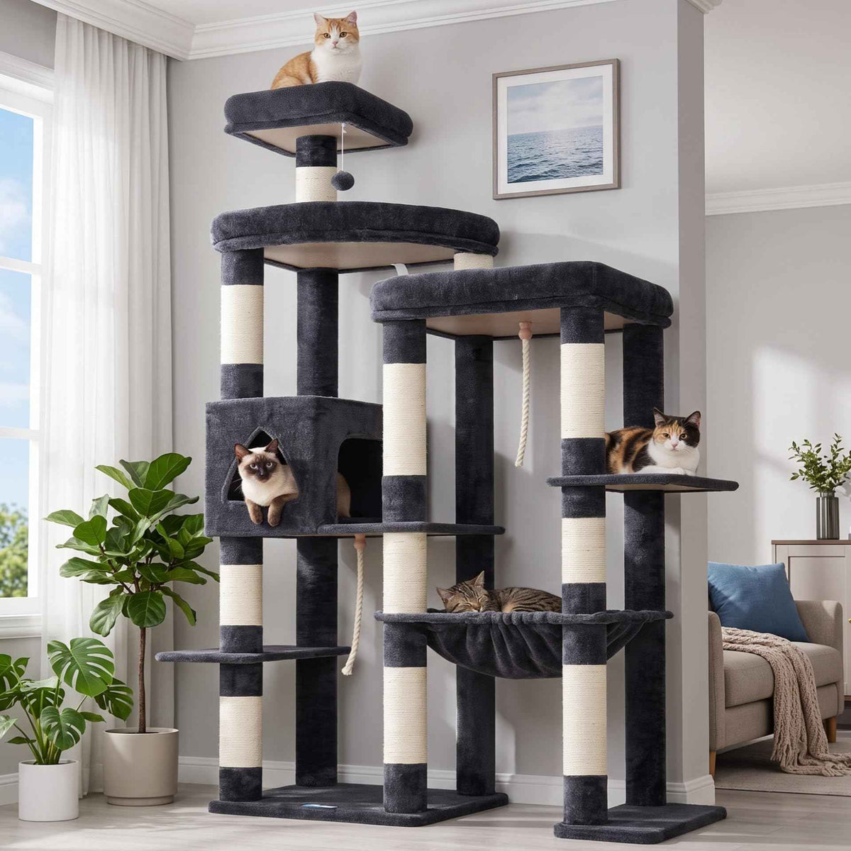 Cat Tree Tower with Stable Extended Base (Smoky Gray / 71.9 Inches)