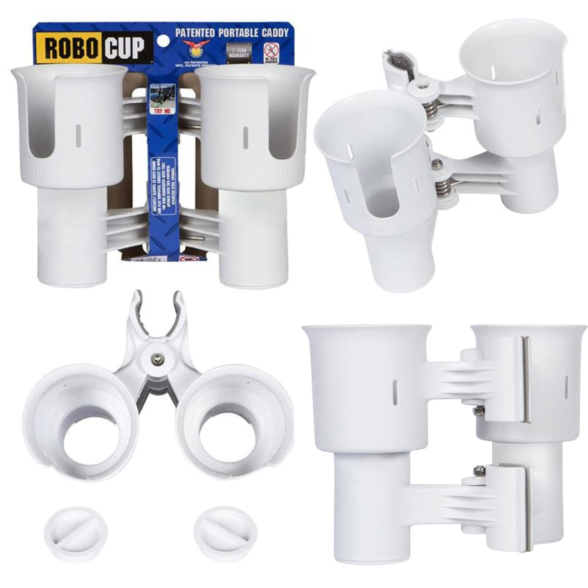 White), Patented Clamp On Boat Cup Holder |Multifunction Dual Drink Caddy for Fishing Poles, Tools, Net, Gaff |Portable Storage for Boating, Beach, Umbrellas, Golf Carts, Strollers (White / Standard Spring)