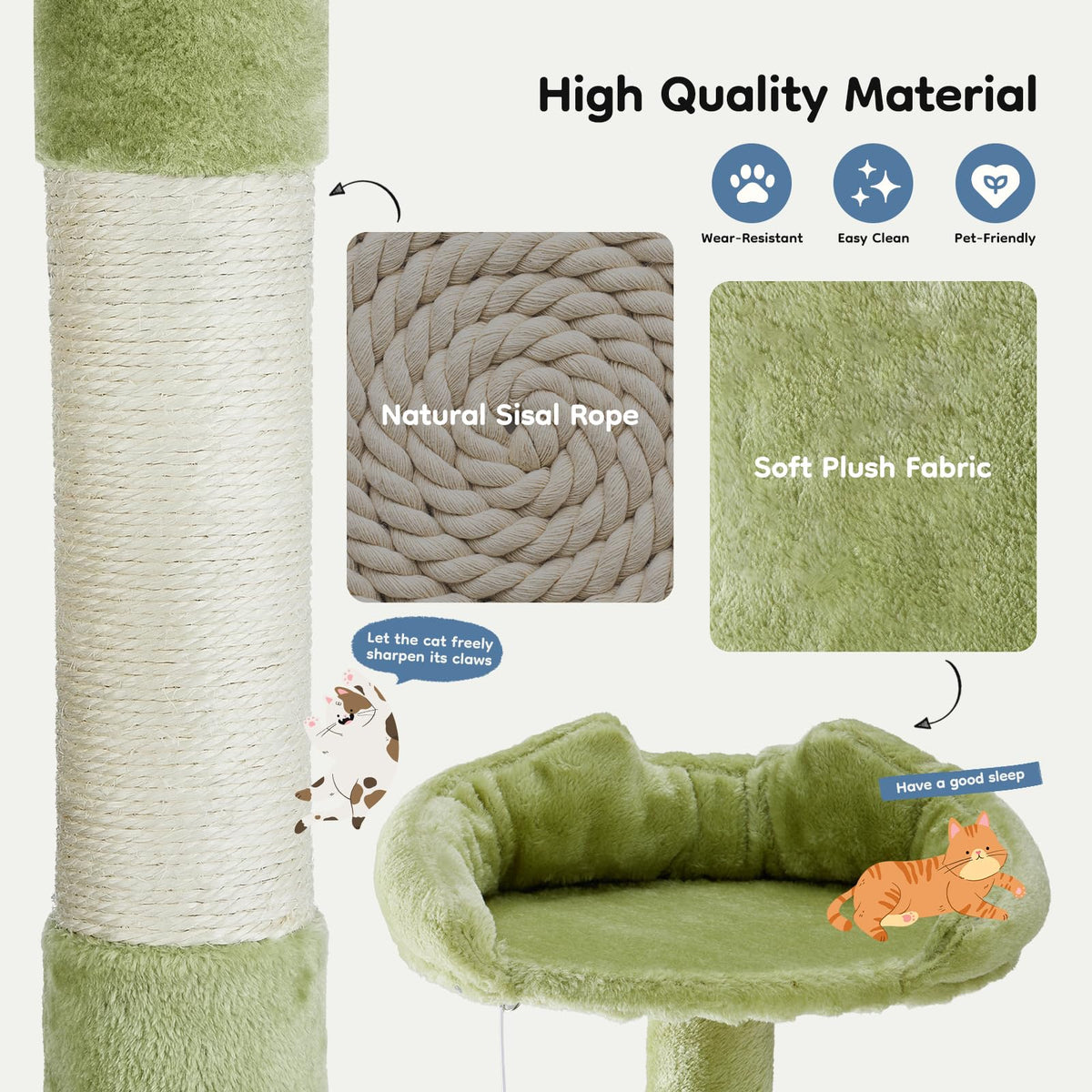 54 in Cat Tree Tower with Natural Sisal Scratching Post (Green / 54"×19.7"×19.7")