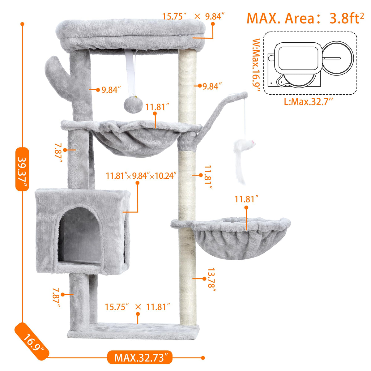 Cat Tree 40" Tower with All (Light Gray / 40 inch)