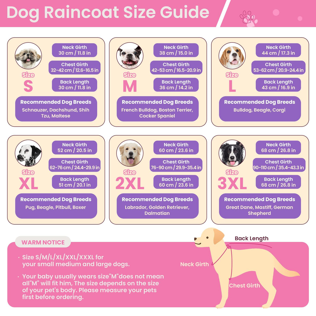 Dog Raincoat Waterproof Rain Jacket with Hood (XXL(Back Length23.6") / Pink Purple)