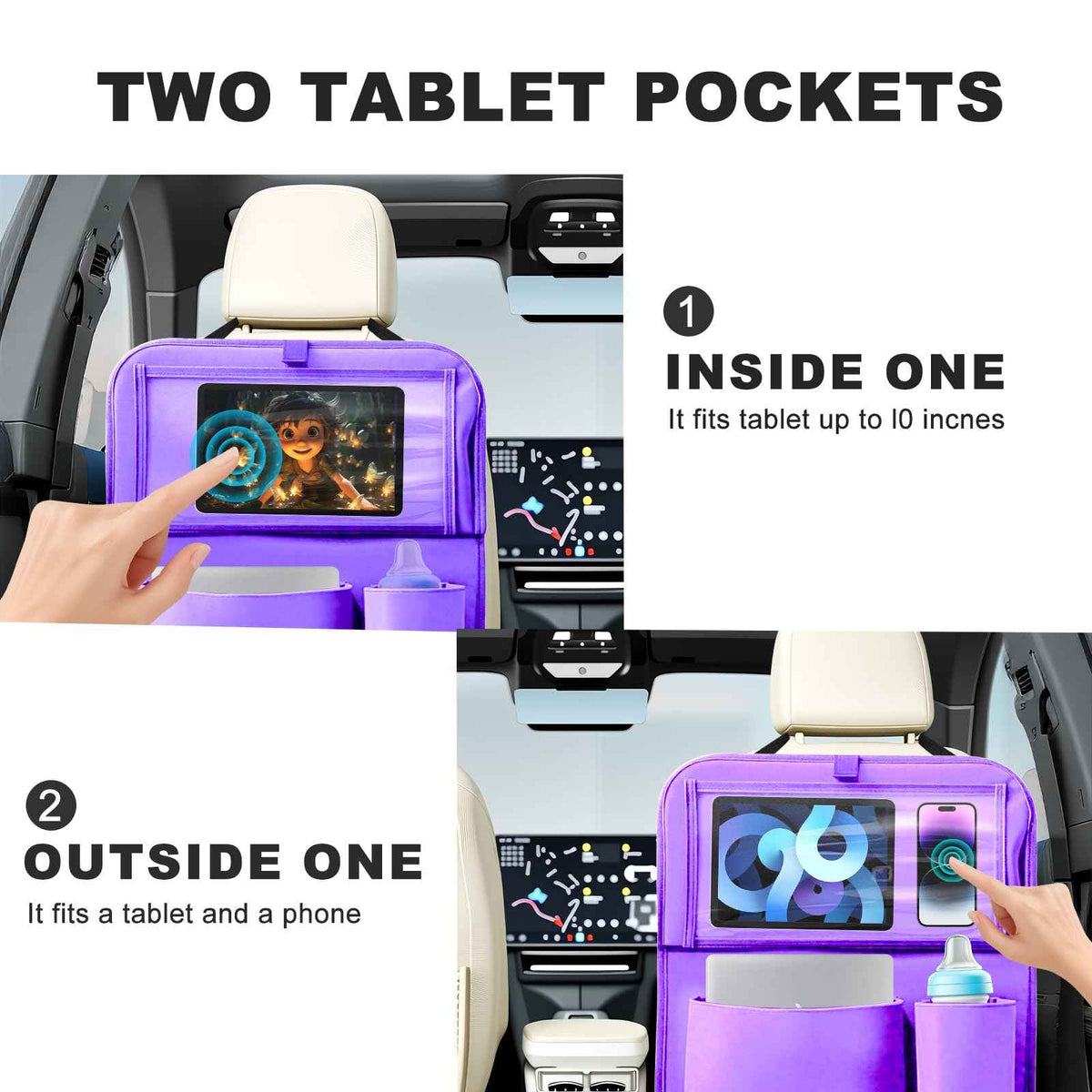 2 Pack Car Backseat Organizer with Foldable Table Tray Purple (Purple / 2 Pack with Food Tray)