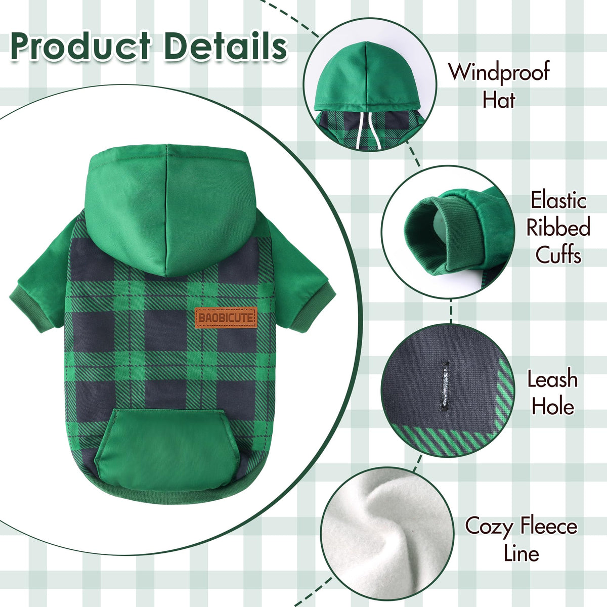 Dog Basic Hoodie Soft Dog Clothes Cold Weather Sweaters for Medium Large Dogs Cozy Fabric Warm Sweatshirt with Leash Hole for Boys (Green Plaid / XL (Back: 24.8",Chest: 33.86", 35-55lbs))