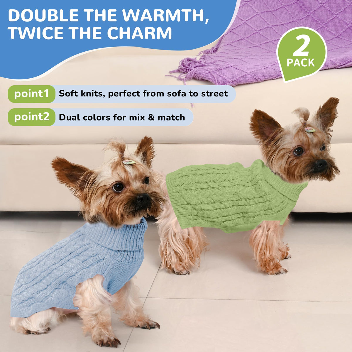 Dog Sweater 2 Pack for Small Dogs (Blue & Green / Small)