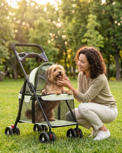Foldable Pet Stroller for Small Dogs and Cats (★Mint Green【Full Mesh】)