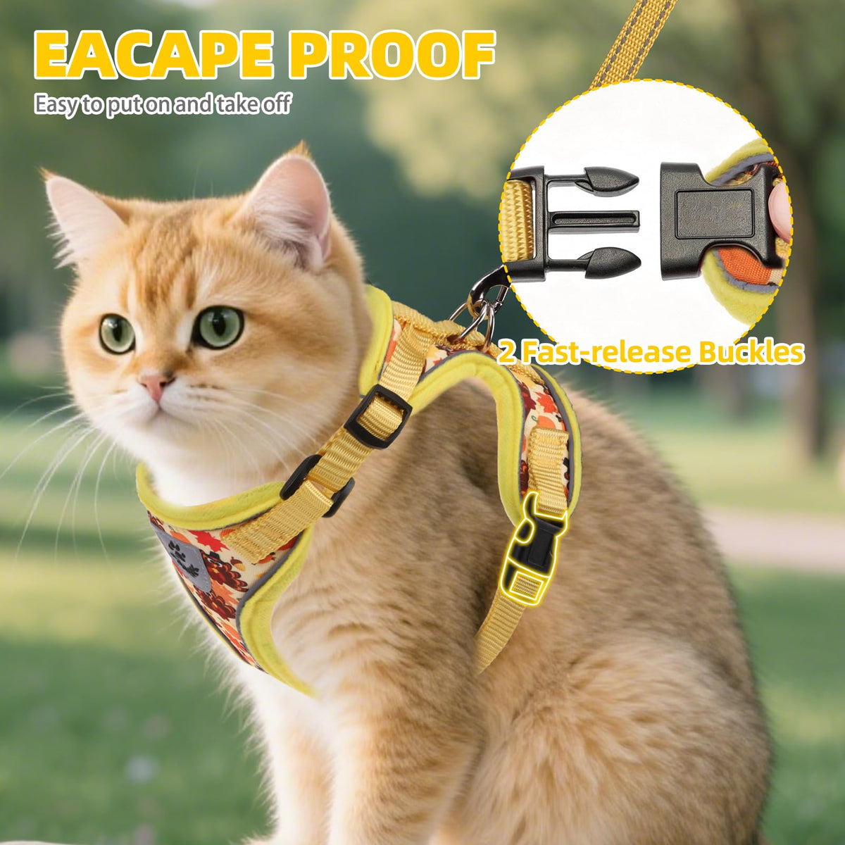 Cat Harness and Leash Set Escape Proof Reflective Cat Walking Harness Adjustable Soft Breathable Mesh Vest for Small Pets (M (NECK 11"-13.7", CHEST 16"-20") / Yellow(Thanksgiving))