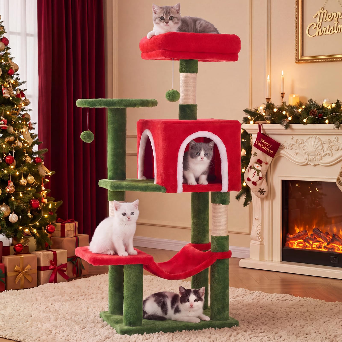 44 Inch Cat Tree Tower with Natural Sisal Scratching Posts (Red & Green / 44 Inch)